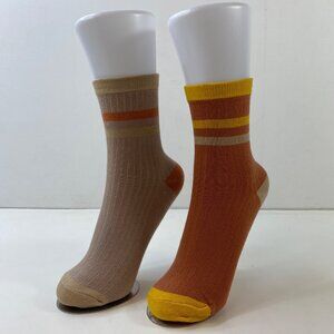 Unisex Set 2 Ribbed Striped Crew Socks Brown Red Yellow